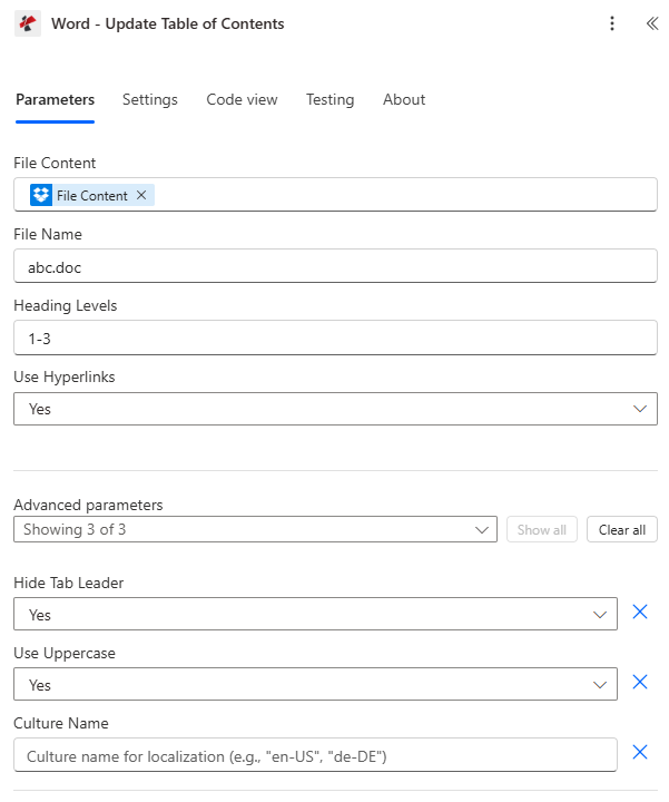点击放大 Power Automate PDF4me Word 更新目录操作显示文件内容、文件名、标题级别、使用超链接和高级参数面板